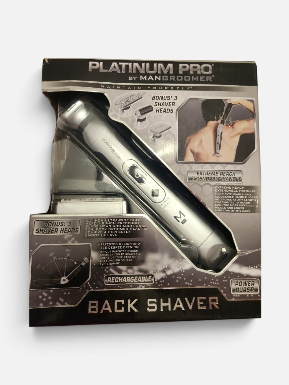 Platinum Pro by Man Groomer Silver Rechargeable Back Shaver